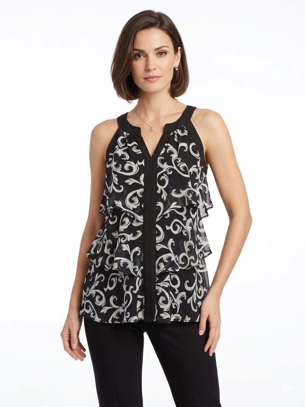 WHBM Black Scroll Floral V Neck S/L Halter Tiered Ruffle Tank Top XS $78 EUC